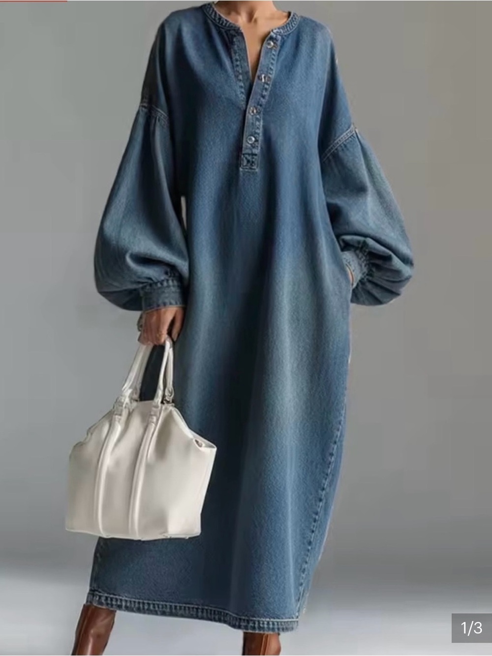 Relaxed Henley Denim Maxi Dress in Blue